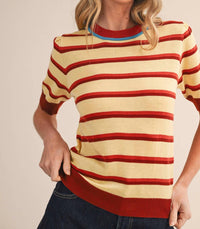 &merci Striped Short Sleeve Sweater in blue iris - women's sweater - detail view