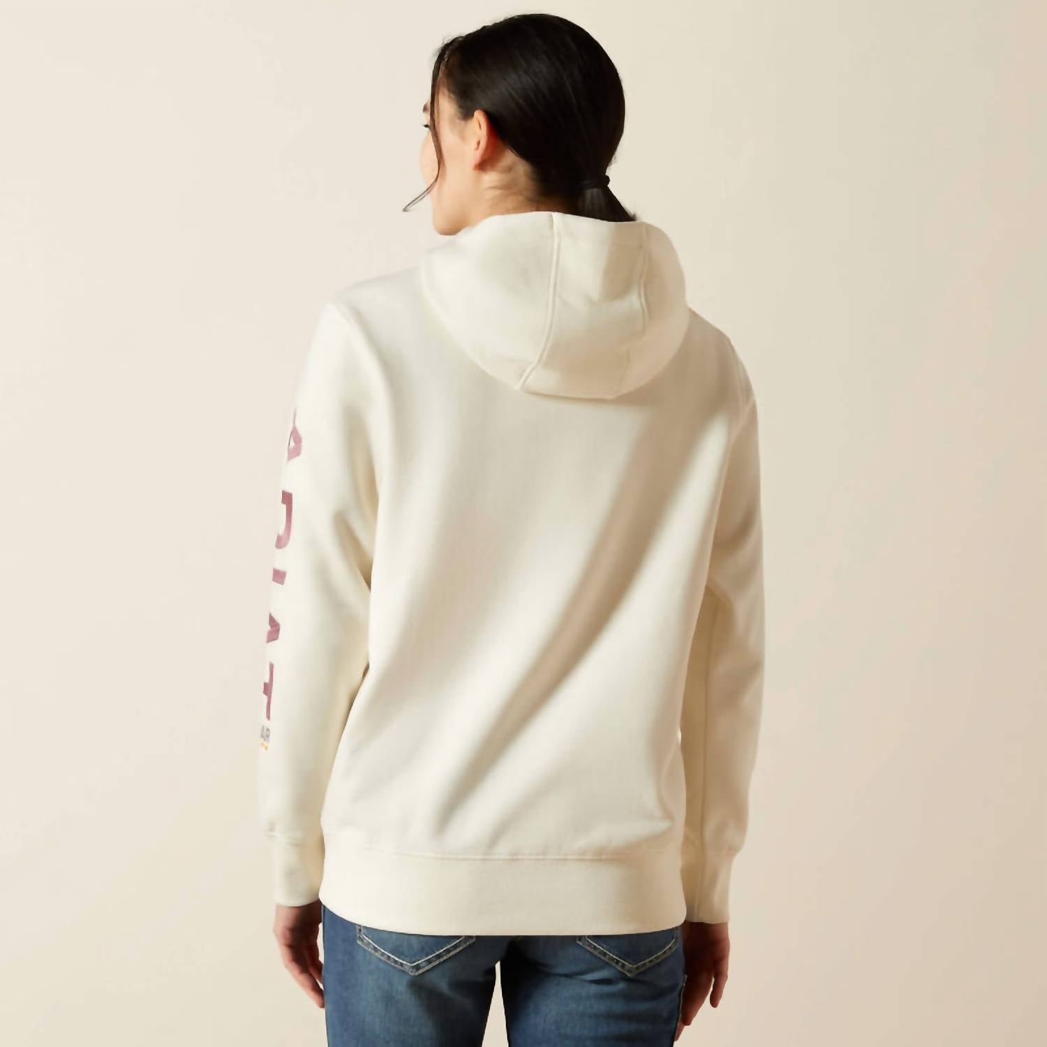 ARIAT Rebar Graphic Hoodie in vanilla ice - women's top - detail view