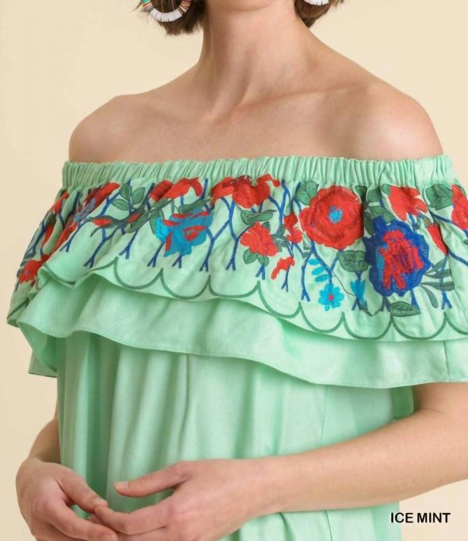 umgee Floral Embroidered Ruffled Dress in mint - women's dress - view 5