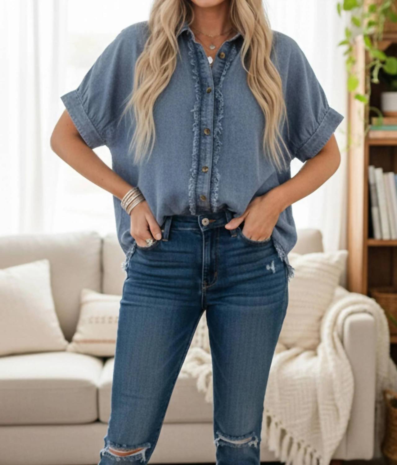 Sewn And Seen - Frayed Denim Button Up Top