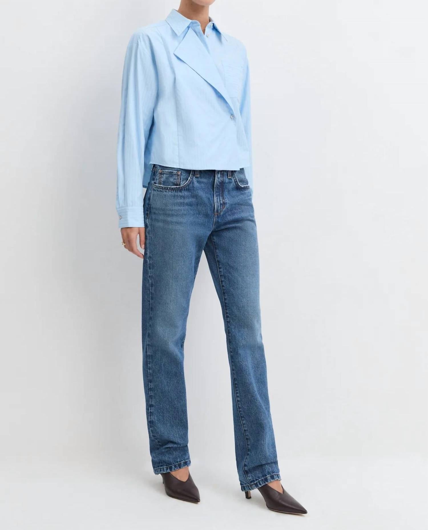 Favorite Daughter Jenni Long Sleeve Top in light blue stripe - women's shirt - detail view