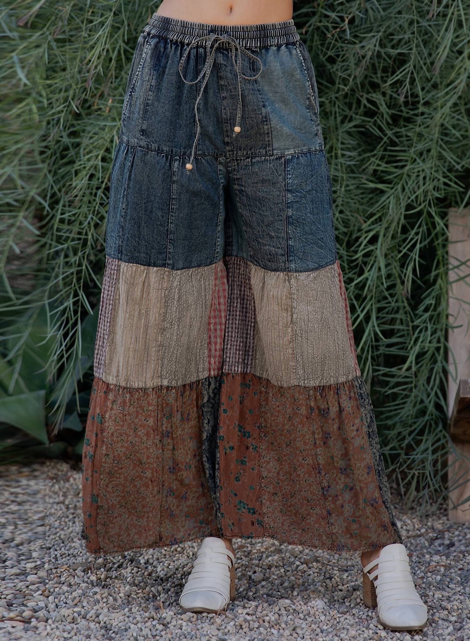 Young Threads - Women's Vintage Tiered Denim Patchwork Pants