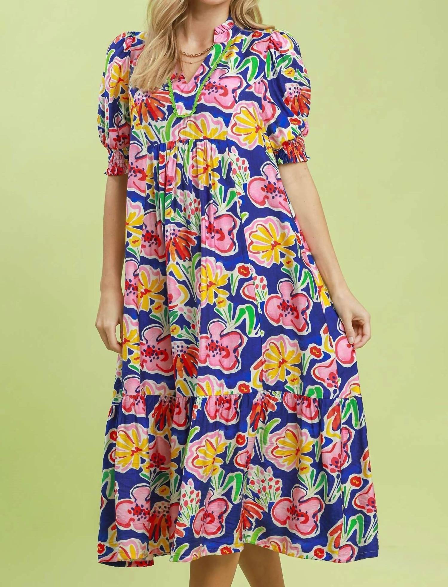 Umgee - Floral Print Puff Sleeve Tiered Midi Dress