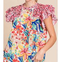 Jodifl - Floral Print Frilled Neck Ruffle Cap Sleeve Top