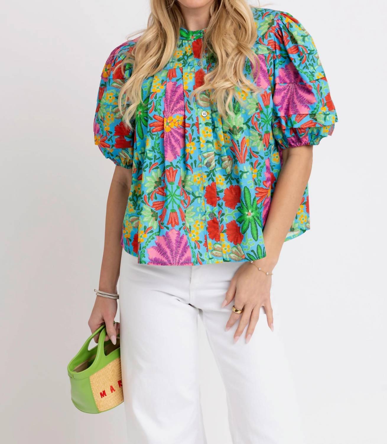 Karlie - Women's Floral Short Puff Sleeves Blouse