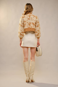 Blue B Western Motif Tie Front Cardigan in taupe - women's cardigan - detail view