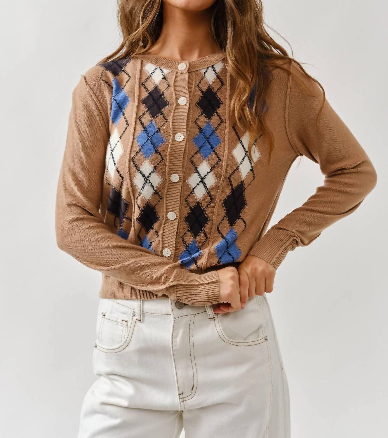 Aaron & Amber - Allie Relaxed Fit Argyle Sweater Cardigan