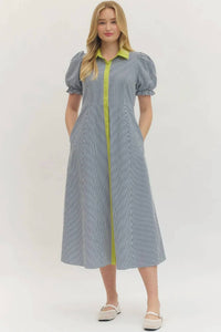 Entro - Puff Sleeve Midi Dress With Contrast Trim
