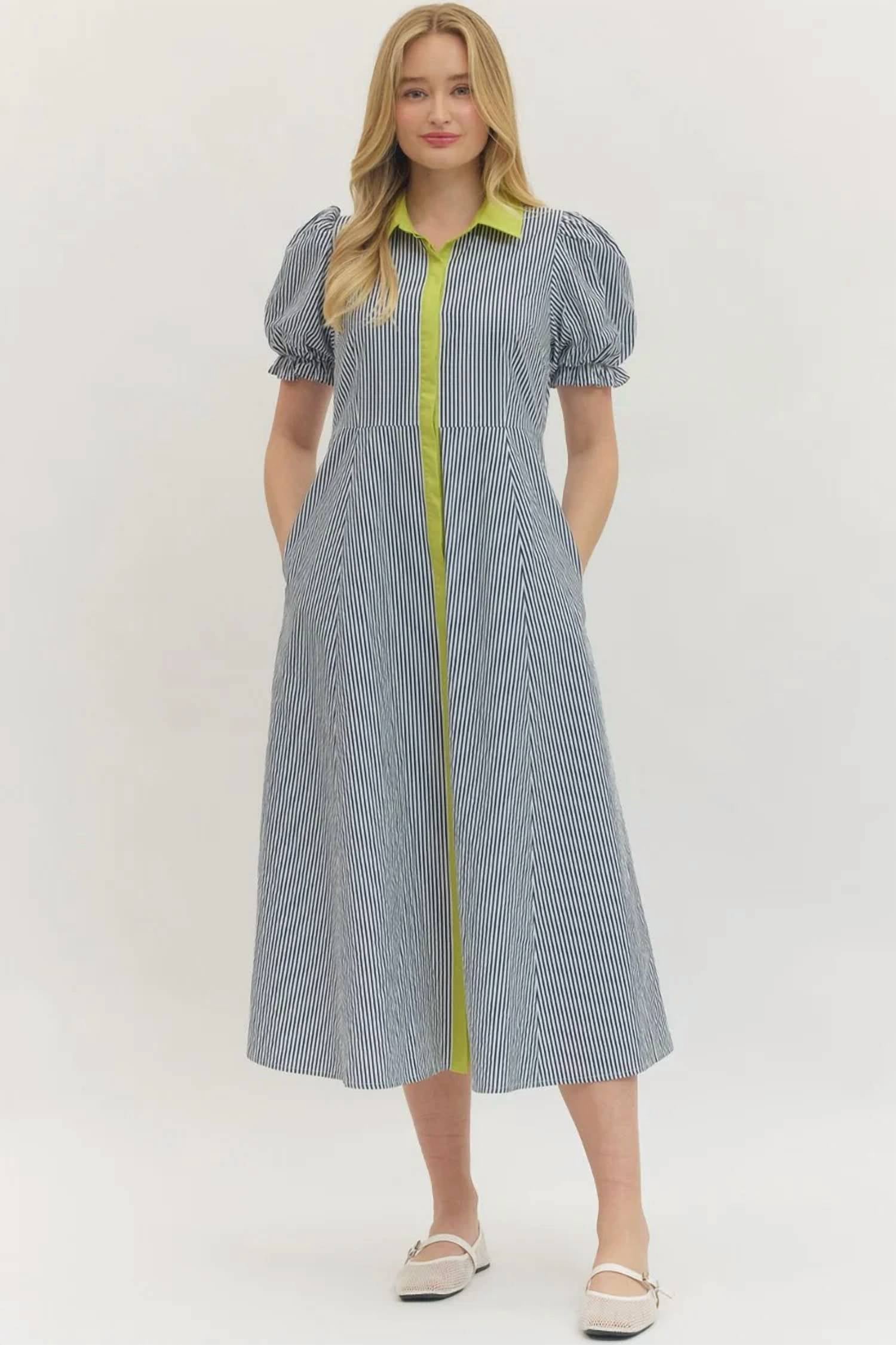 Entro - Puff Sleeve Midi Dress With Contrast Trim