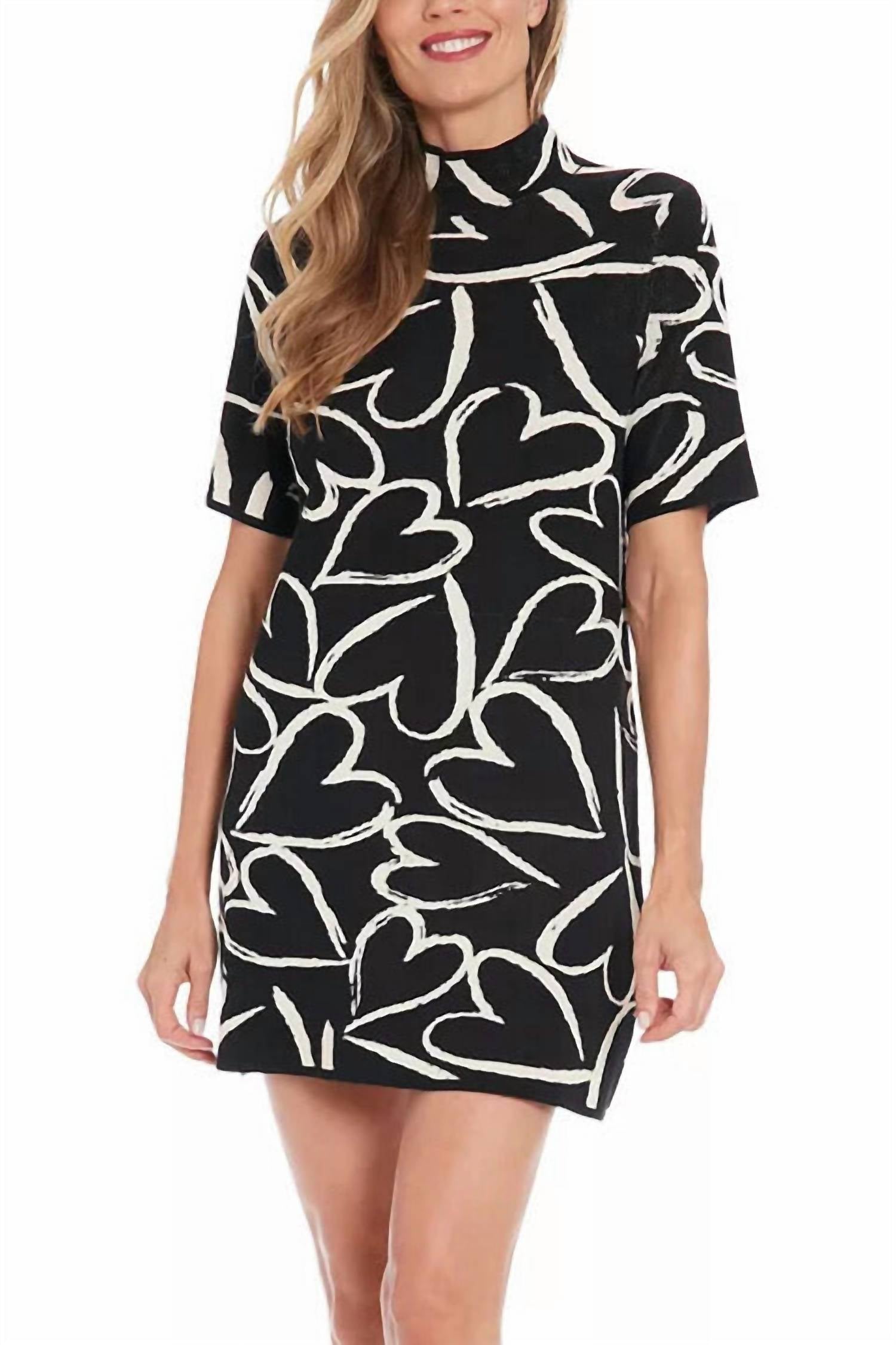 London Times - Heart Print Pullover Straight Hem Mini Sweater Dress