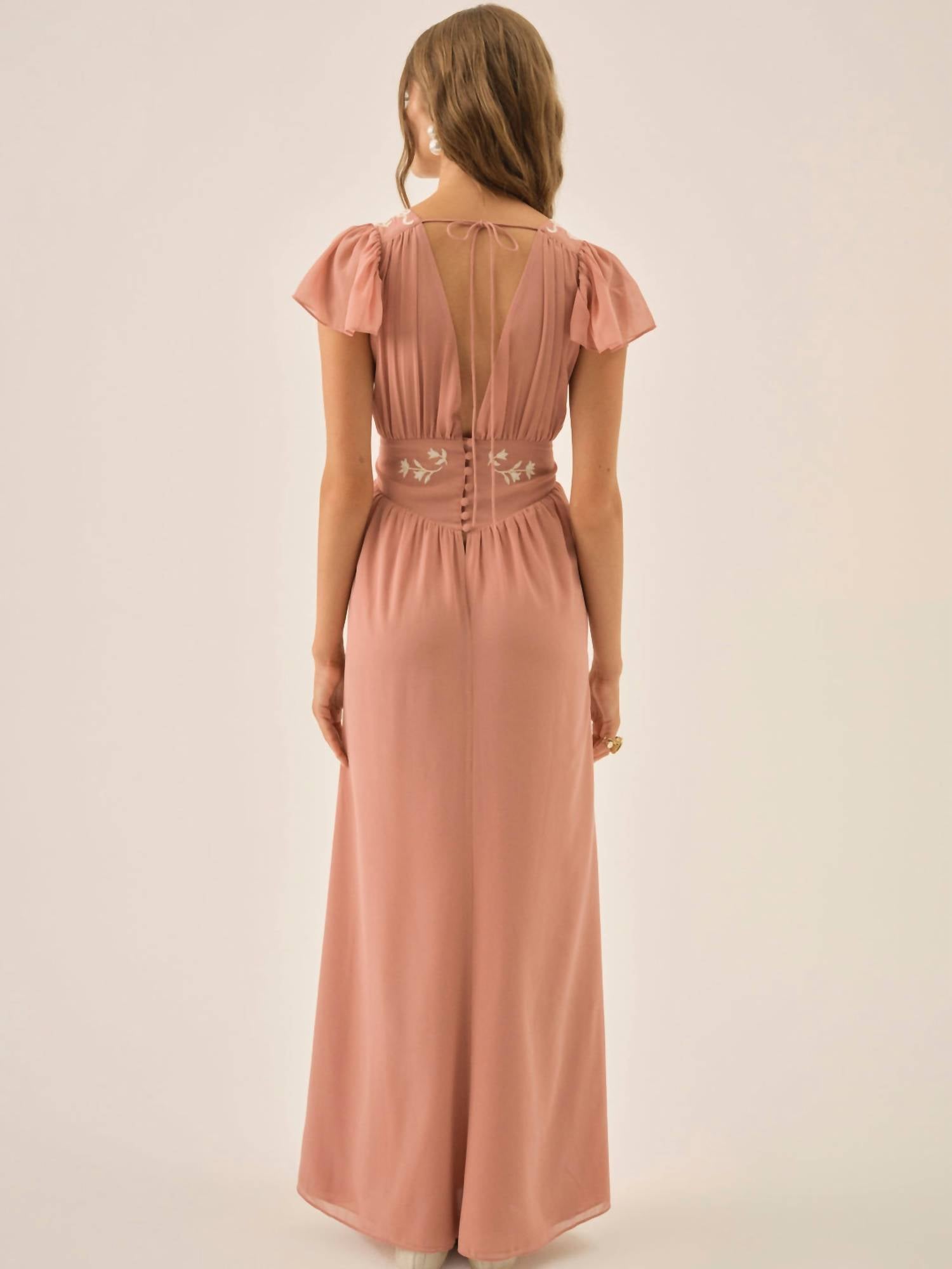 for Love & Lemons Emmie Chiffon Maxi Dress in pink - women's dress - detail view