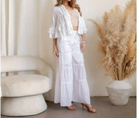 Young Threads Tiered Crochet Lace Shrug & High-waist Pant Set in white - women's sleepwear - alternate view