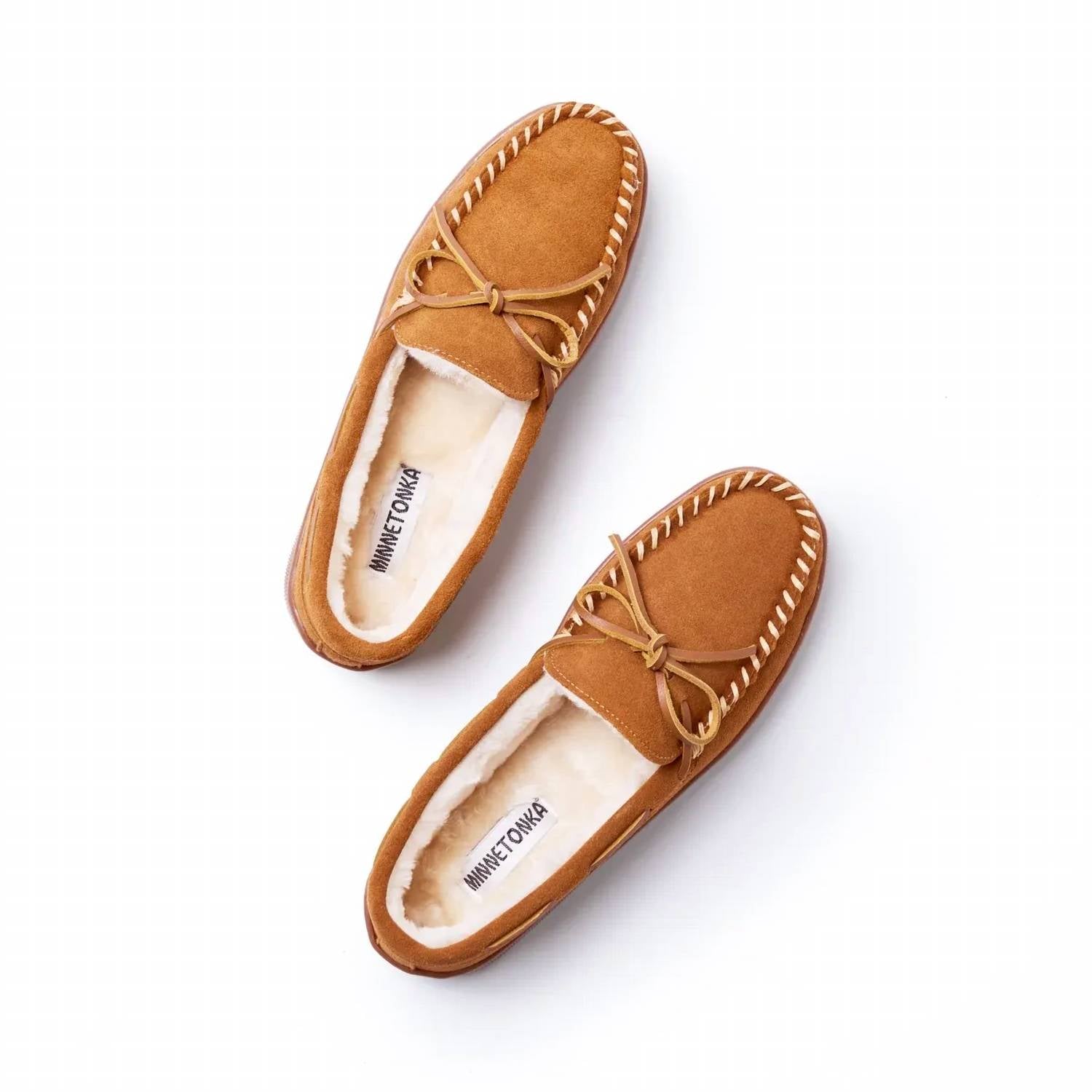 MINNETONKA Men's Pile Lined Hard Sole Moccasin Shoes in brown - men's loafer - alternate view