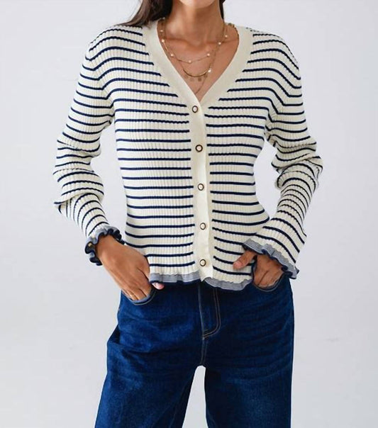Q2 - Striped Cardigan in Cream with Ruffle Trim