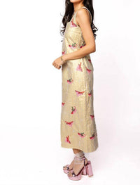 QUEEN OF SPARKLES Christmas Cocktail Midi Dress in gold metallic stripe - women's dress - alternate view