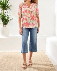 Tribal - Printed Linen Elbow Sleeve Henley Blouse