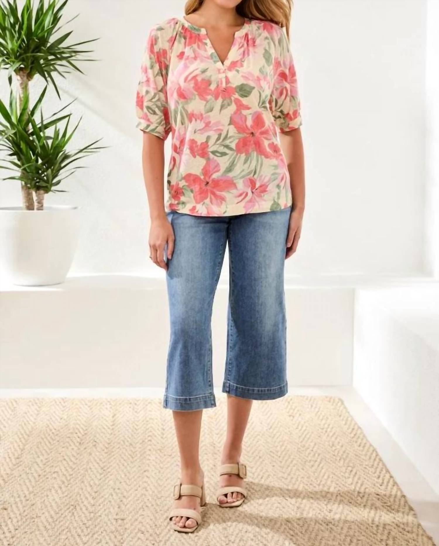 Tribal - Printed Linen Elbow Sleeve Henley Blouse