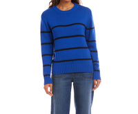 Karen Kane Stripe Crewneck Sweater in sapphire with black - women's sweater