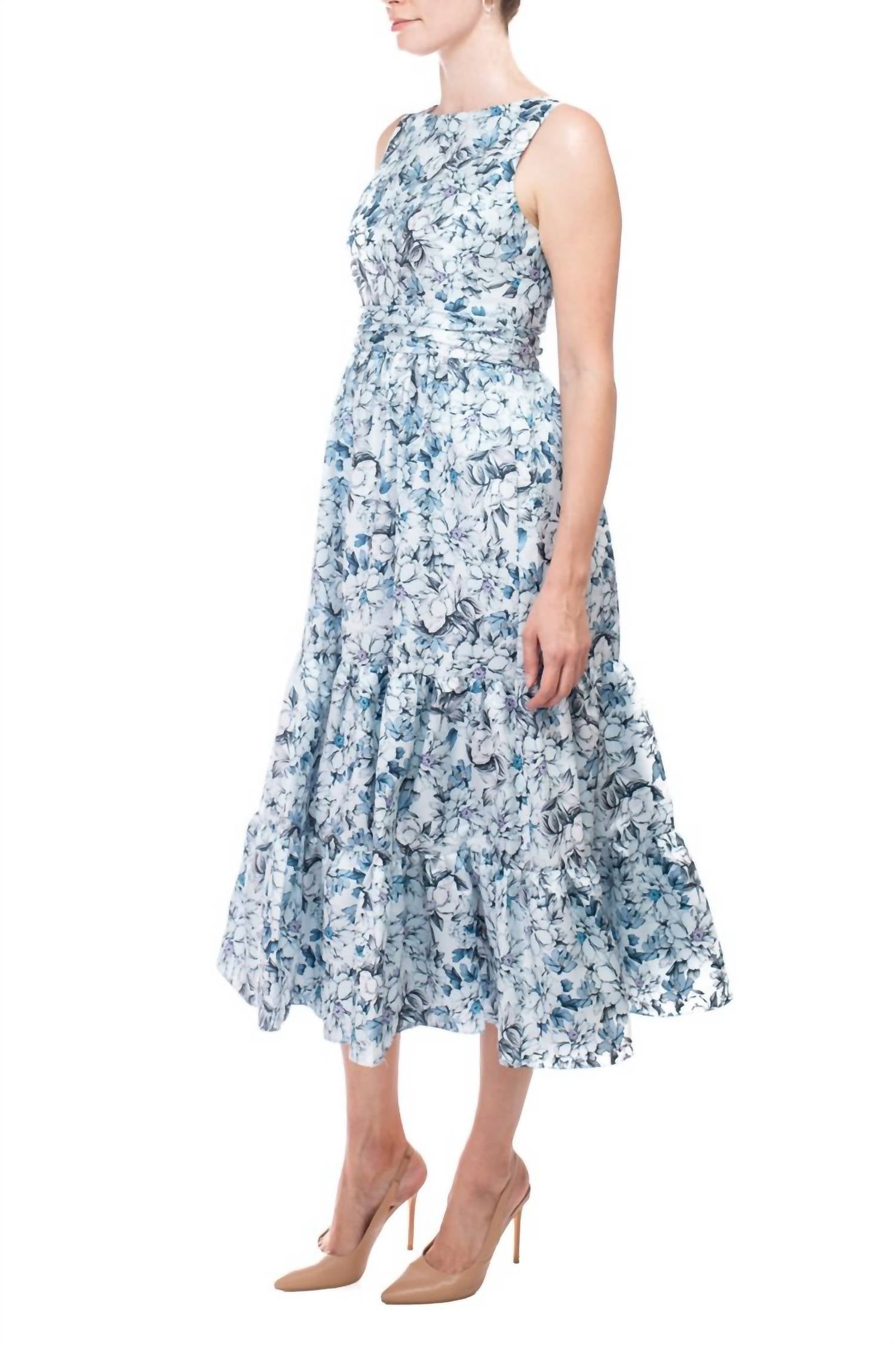 Badgley Mischka - Bateau Neckline Floral Print Jacquard Dress