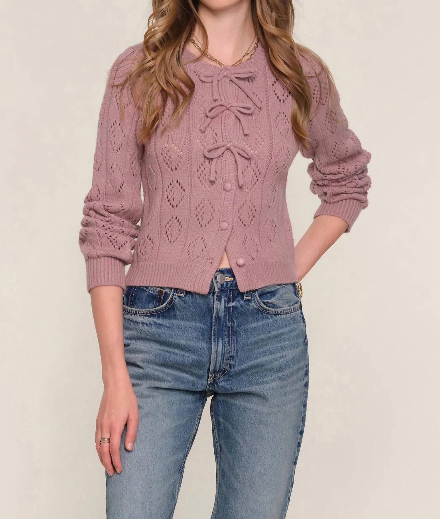 heartloom Bow Front Crewneck Cardigan in dusty rose - women's cardigan