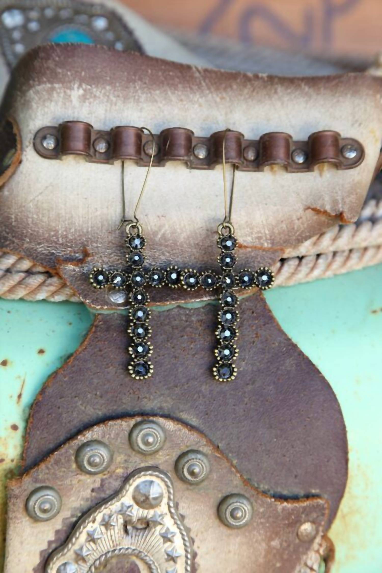 Pink Panache Women's Sunflower Cross Crystal Earrings in black - women's jewelry