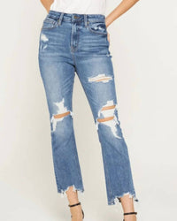 Mica Denim - Super High Straight Distressed Raw Hem Jeans