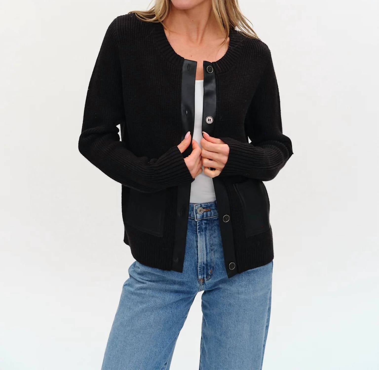 SIX/FIFTY Natalia Faux Leather Cardigan in black - women's cardigan - view 4