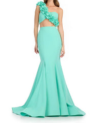ASHLEYlauren One-shoulder Jersey Two-piece Gown in aqua - women's dress