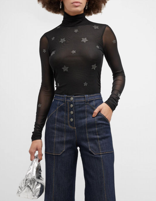 Women Star Shirred Mesh Turtleneck Top