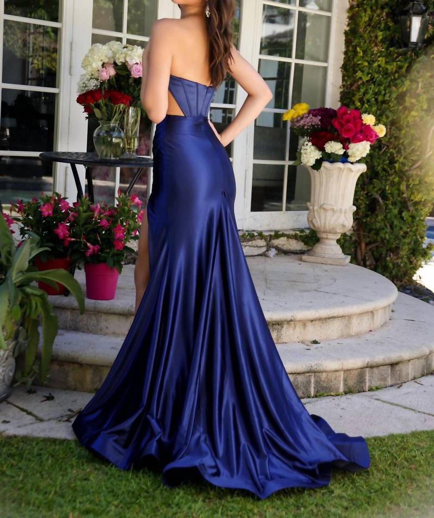 Ava Presley Strapless Corset Gown With Slit in navy - women's dress - detail view