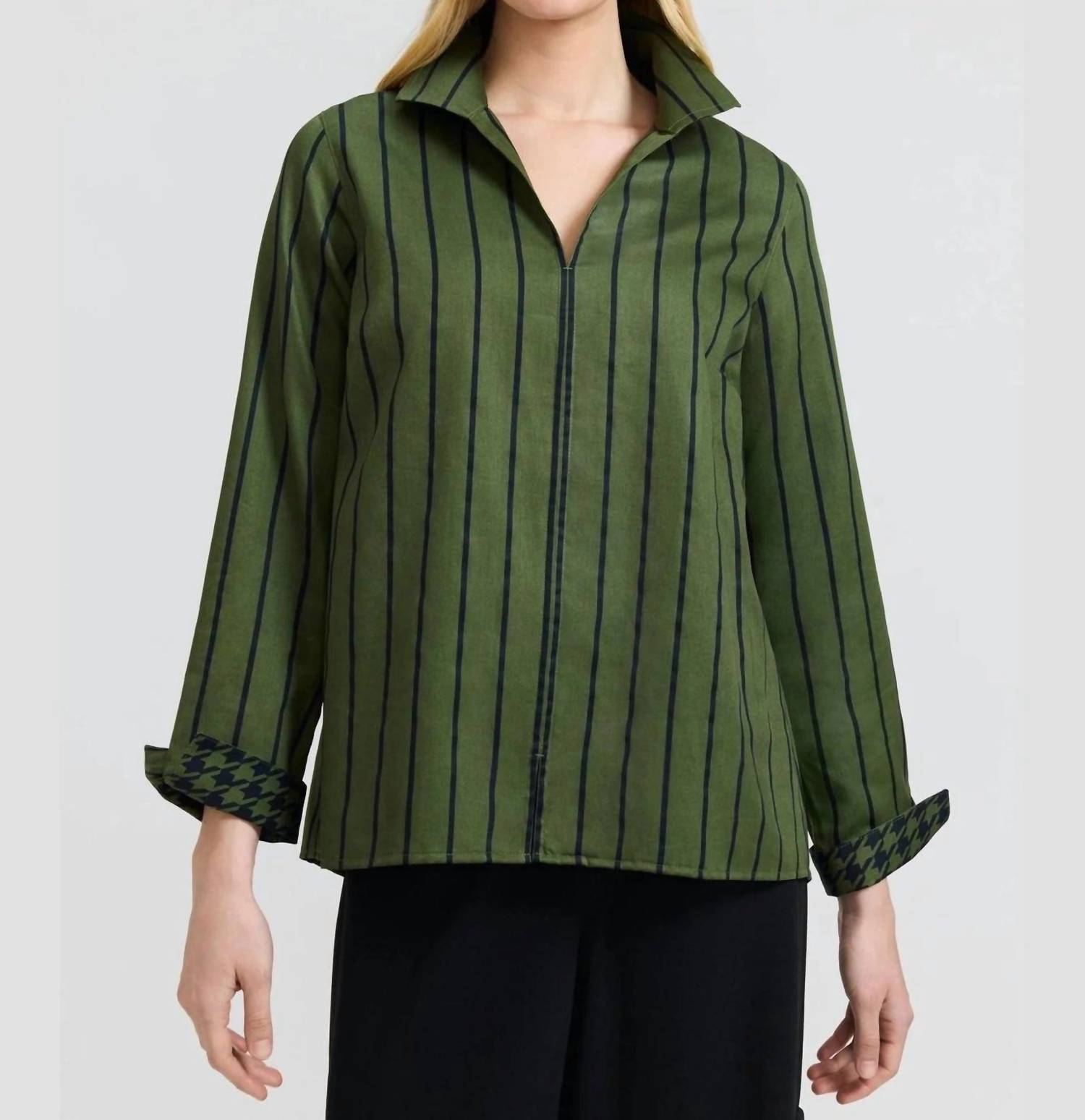 Foxcroft - Agnes Stripe & Houndstooth Popover Shirt