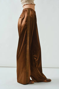 Aaron & Amber Milo Satin Comfy Straight Pants in brown - women's pants - detail view