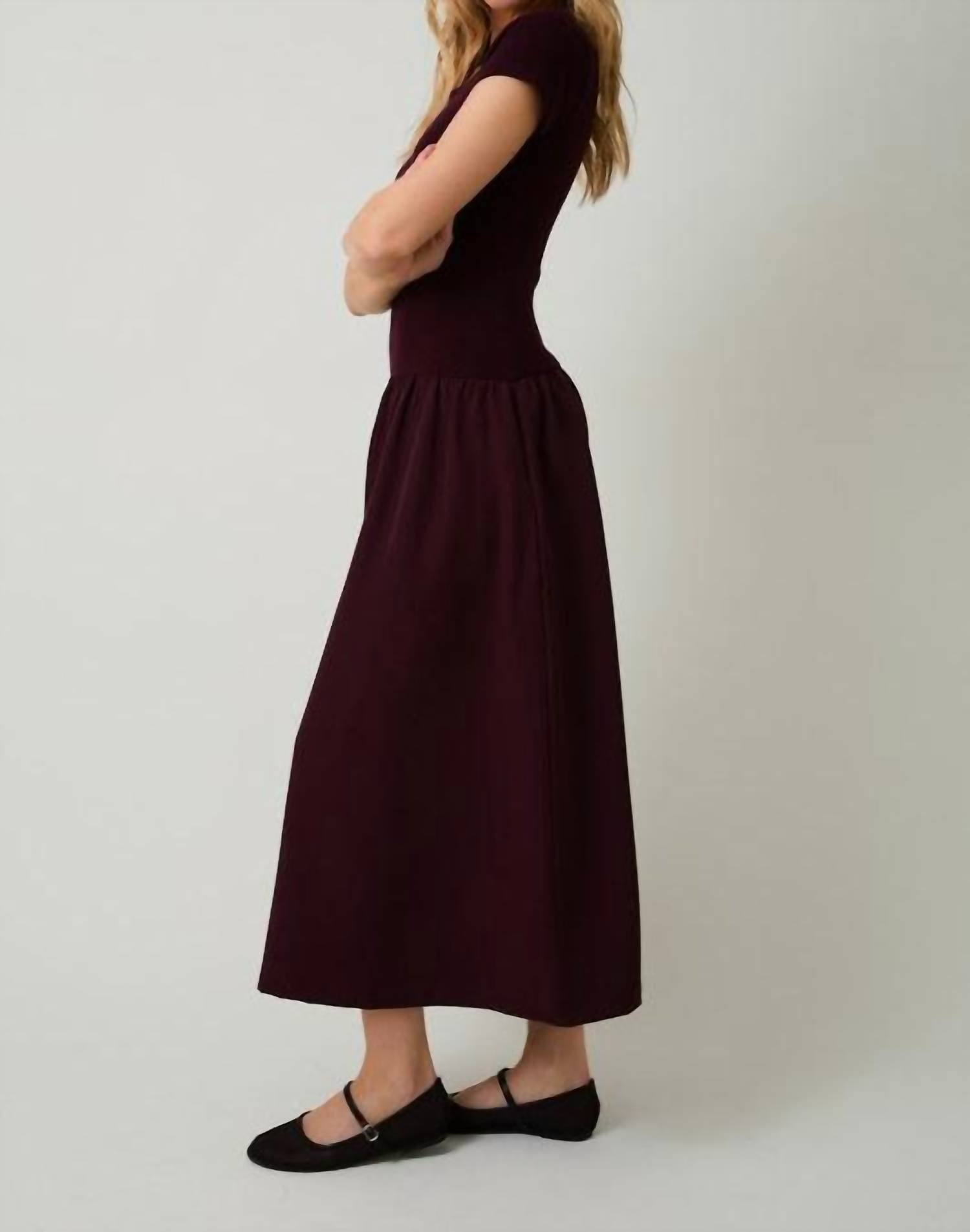 Sunday Edition Round Neck Mix Midi Dress in burgundy - women's dress - alternate view