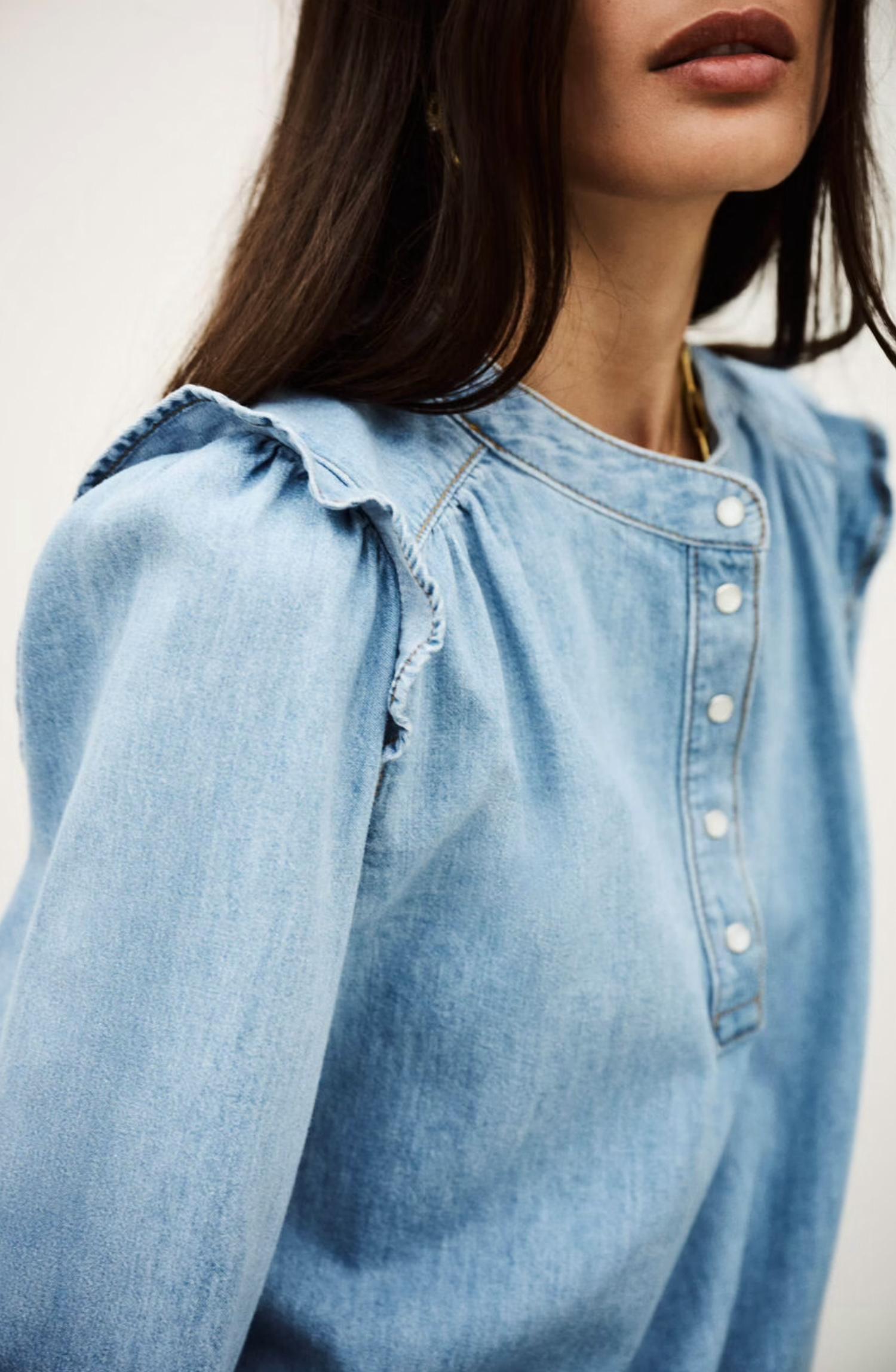 ba&sh Lio Denim Top in light used blue - women's shirt - detail view