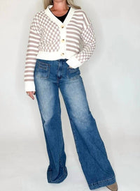Hem & Thread - Stripe And Checker Mixed Crop Sweater Cardigan