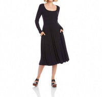 Karen Kane Long Sleeve Ribbed Scoop Neck A-Line Dress in black - women's dress - detail view