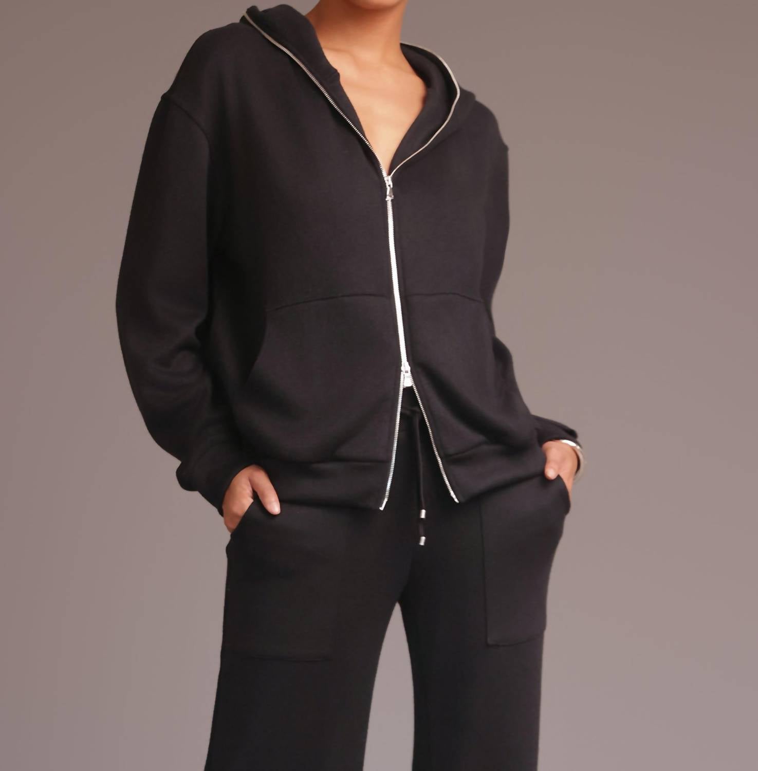 HEROINE SPORT Luxurious Double Knit Plush Hoodie in black - women's top - view 4