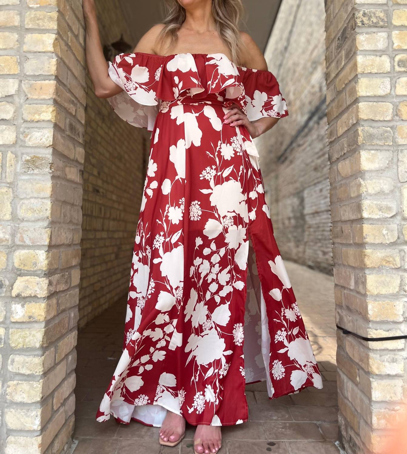 Soieblu - Off-shoulder Side Slit Maxi Dress