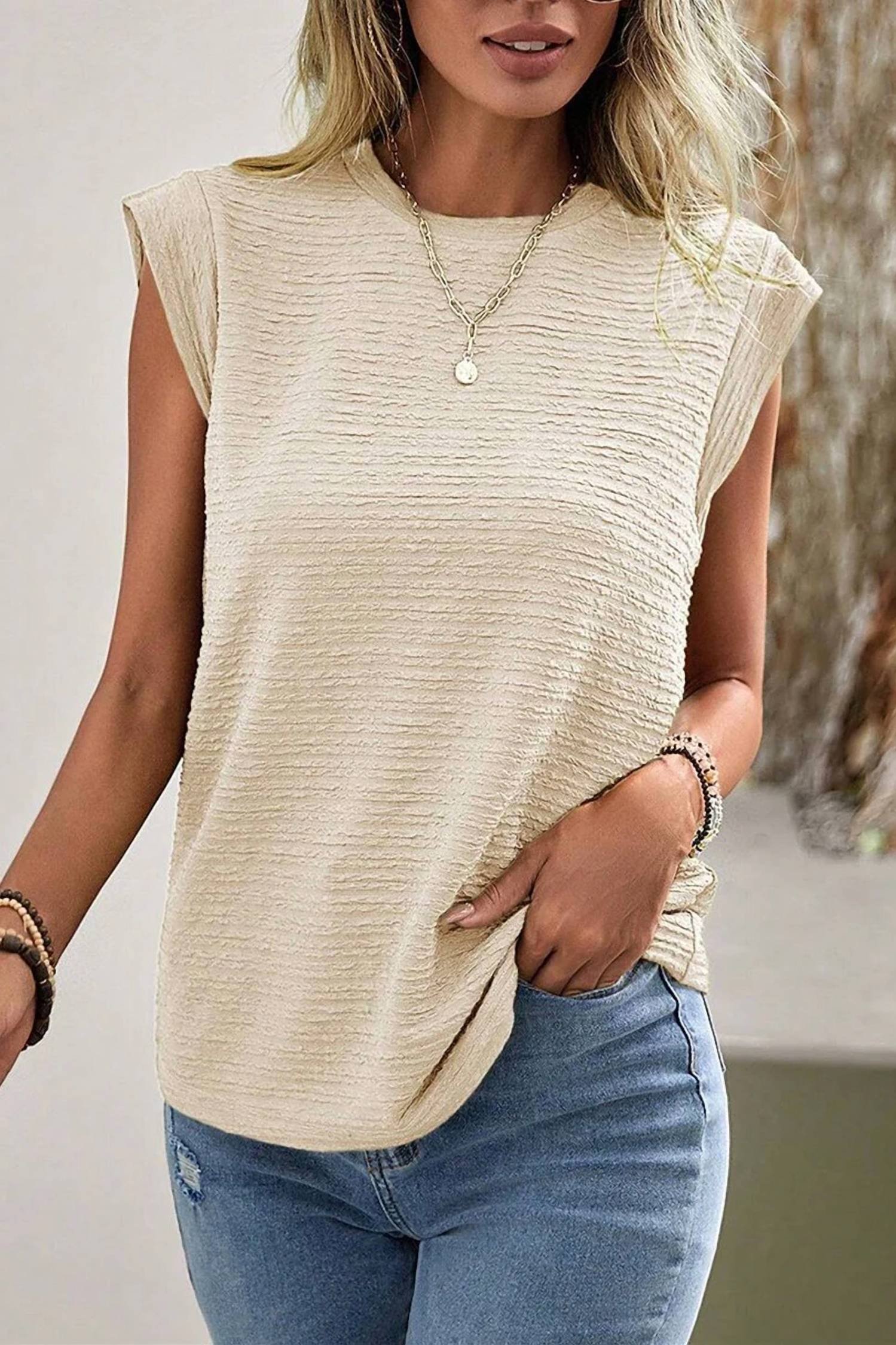 Kentce Fashion - Casual Solid Color Textured Sleeveless Shirt