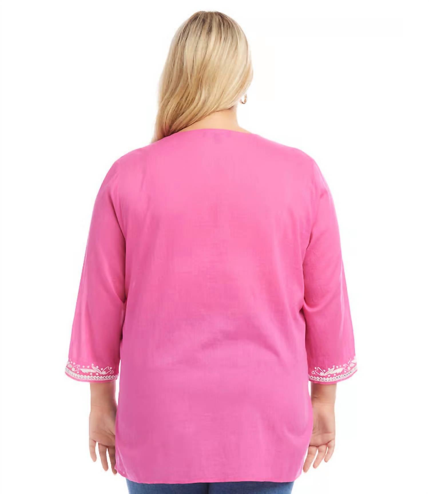 Karen Kane Curvy Embroidered Tunic - Plus in pink - women's shirt - detail view