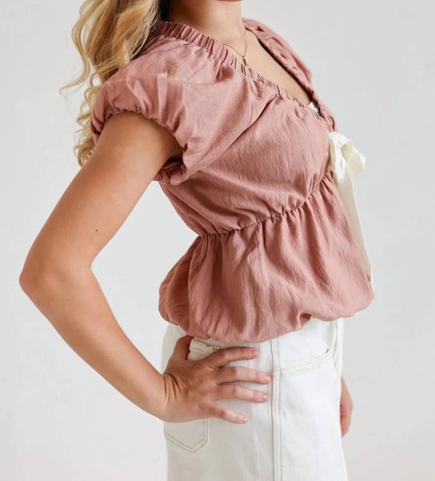 In February - Tie-front Blouse With Bubble Sleeves