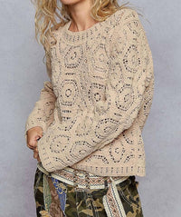 Pol - Round Neck Open Knit Crochet Sweater