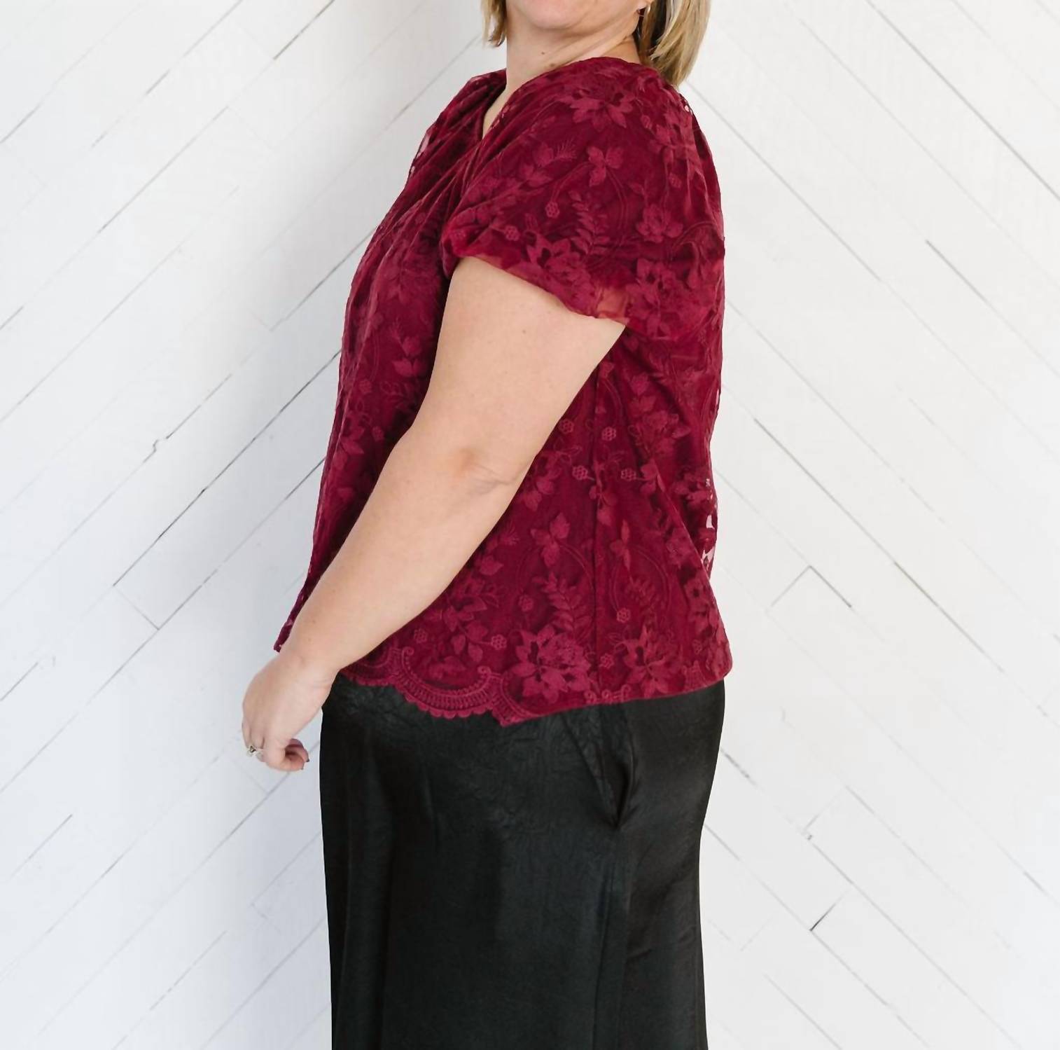 Polagram Belinda Lace Top in burgundy - women's blouse - detail view