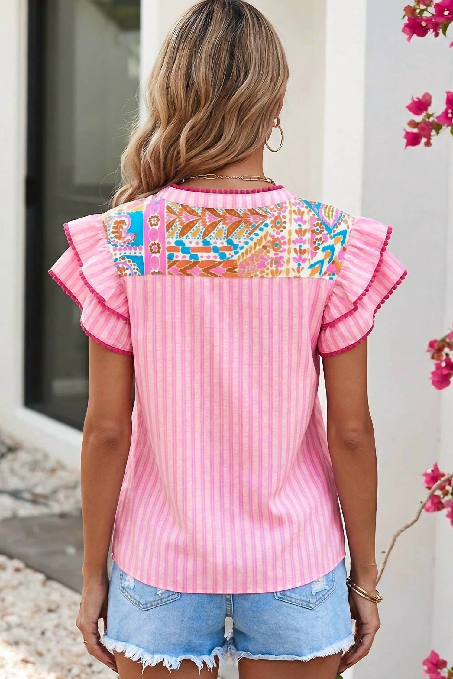 Little Daisy Closet - Boho Contrast Striped Patchwork Tiered Blouse