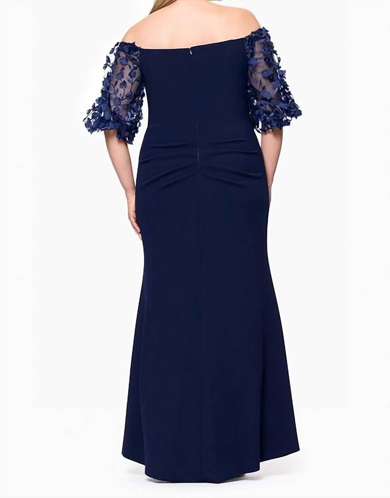 Xscape Long Illusion Sleeve Off The Shoulder Dress Maxi Dress in navy - women's dress - detail view