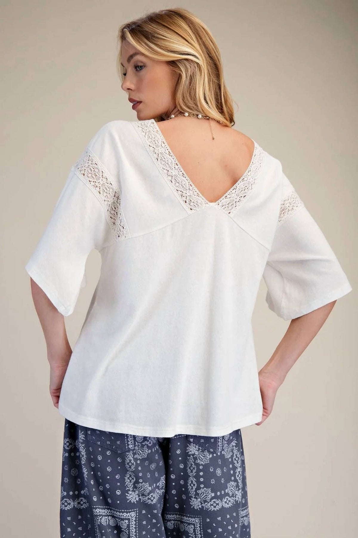 Easel - Lace Trim V-neck Top