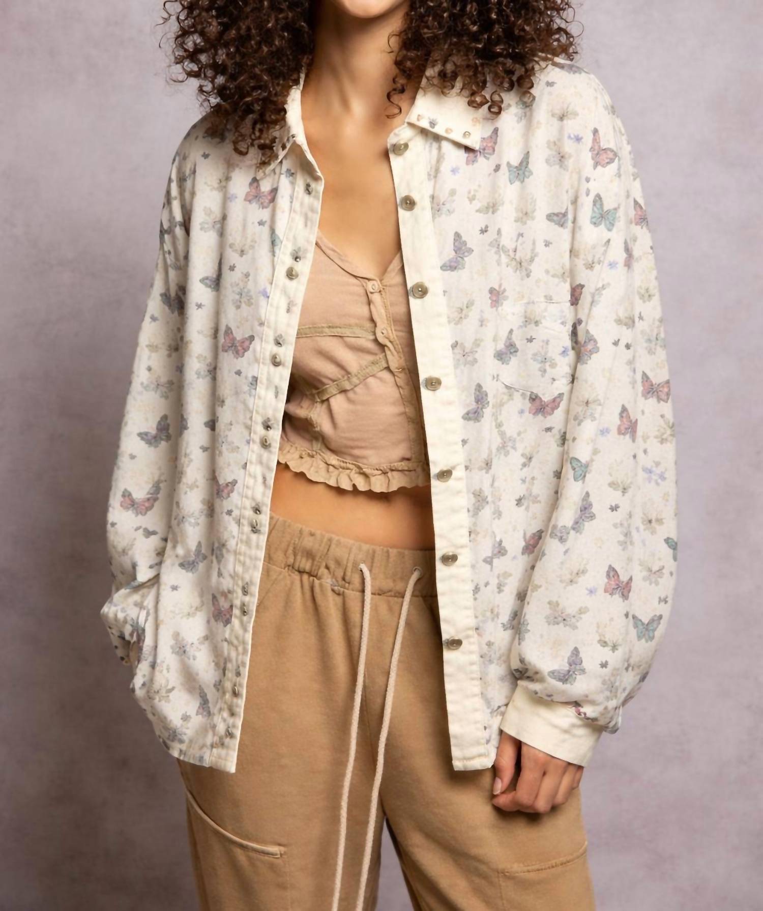 POL Fuzzy Butterfly Button-up Top in ivory - women's shirt - detail view
