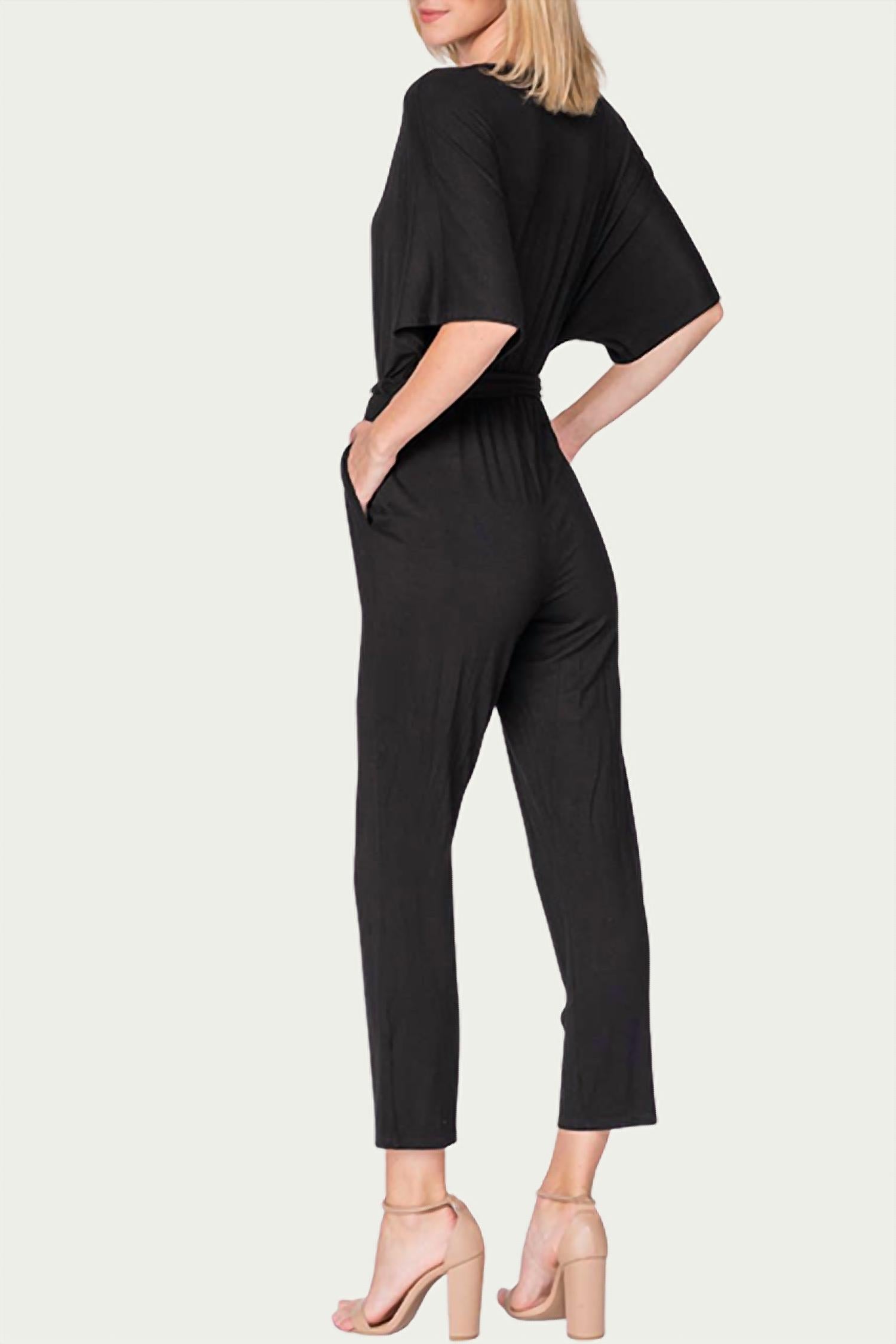 WRAP-EFFECT BELTED STRETCH-JERSEY JUMPSUIT
