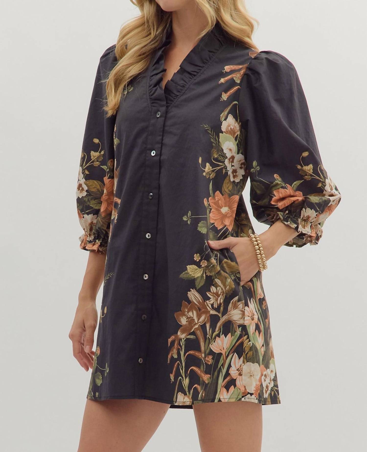 Entro - Floral Design Button Down Dress