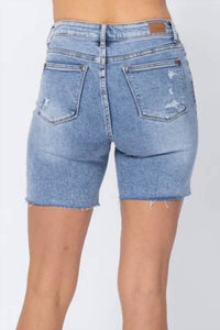 Judy Blue - Women's Ariel Denim Patch High Rise Mid Length Shorts